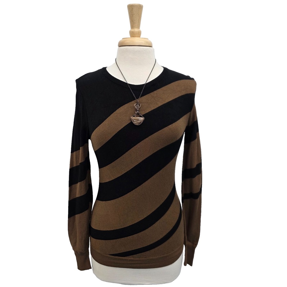Black Brown Diagonal Stripe Sweater Womens M Grunge Cozy Fall Soft Knit Pullover